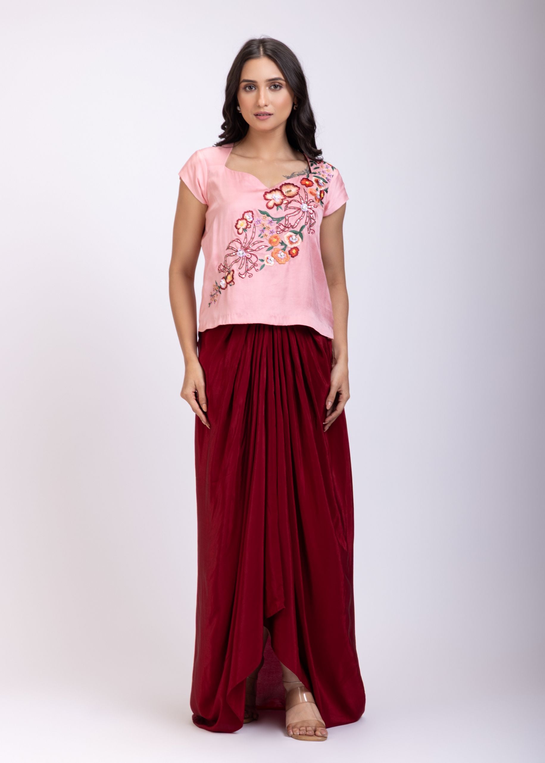 Pink and Maroon Crop Top Drape Skirt Set with Hand Embroidered Work Full