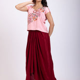 Pink and Maroon Crop Top Drape Skirt Set with Hand Embroidered Work Front