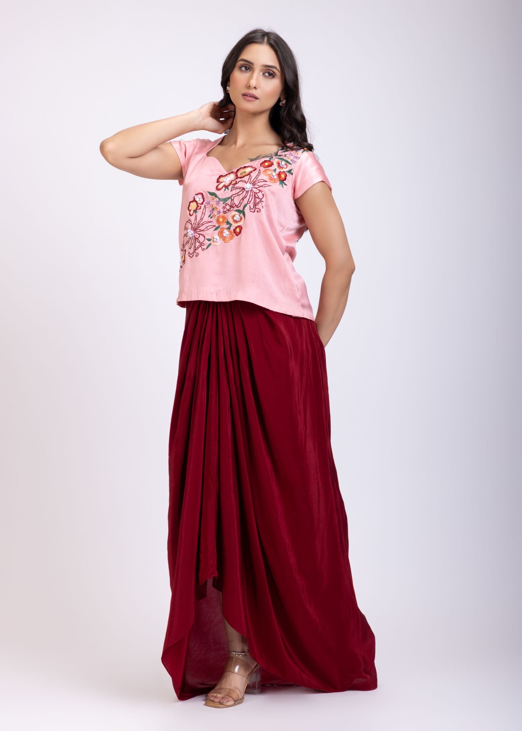 Pink and Maroon Crop Top Drape Skirt Set with Hand Embroidered Work Front
