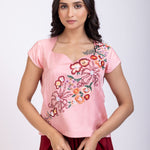 Pink and Maroon Crop Top Drape Skirt Set with Hand Embroidered Work Close Up
