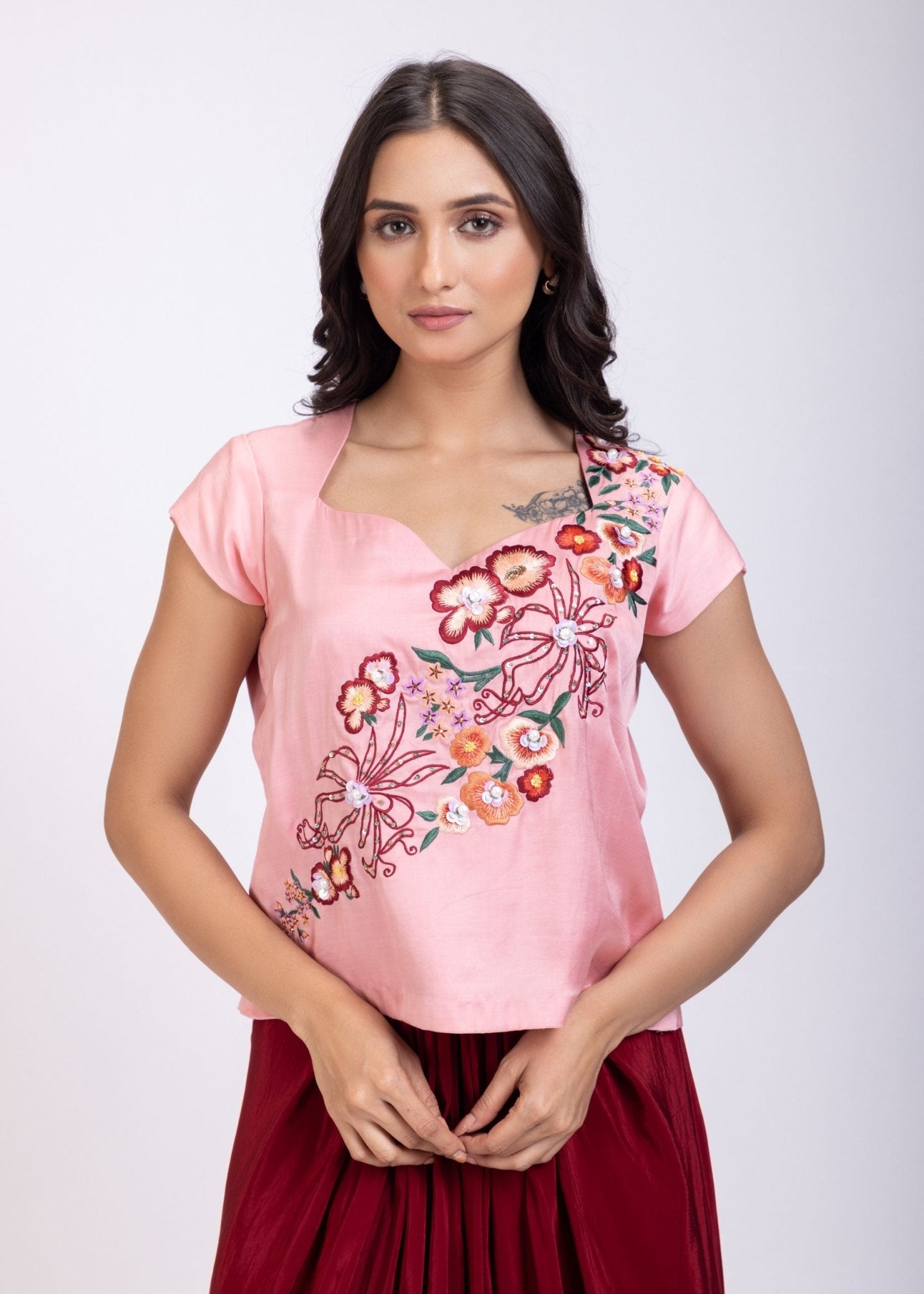 Pink and Maroon Crop Top Drape Skirt Set with Hand Embroidered Work - Anvi Couture