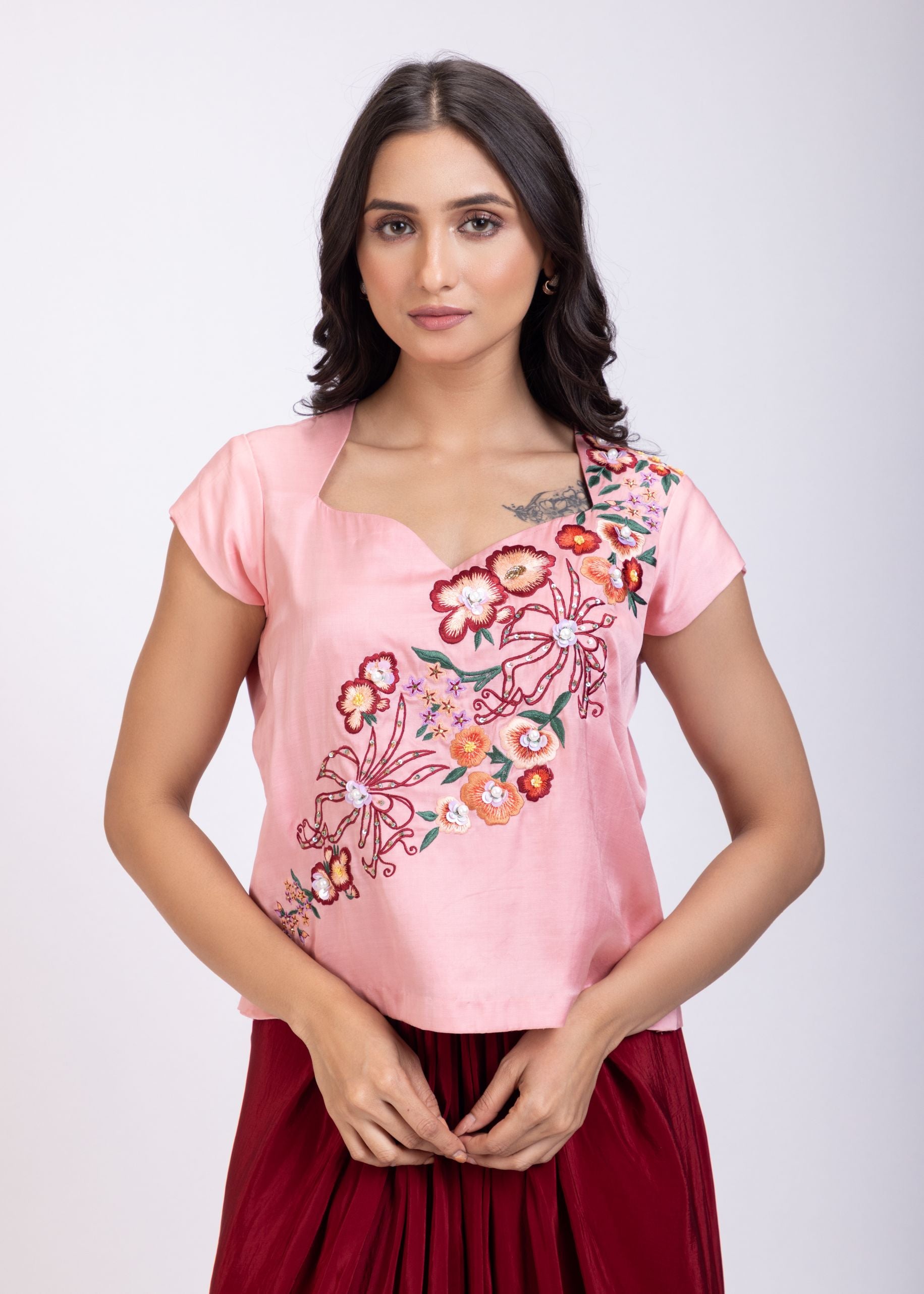 Pink and Maroon Crop Top Drape Skirt Set with Hand Embroidered Work Close Up