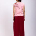 Pink and Maroon Crop Top Drape Skirt Set with Hand Embroidered Work Back