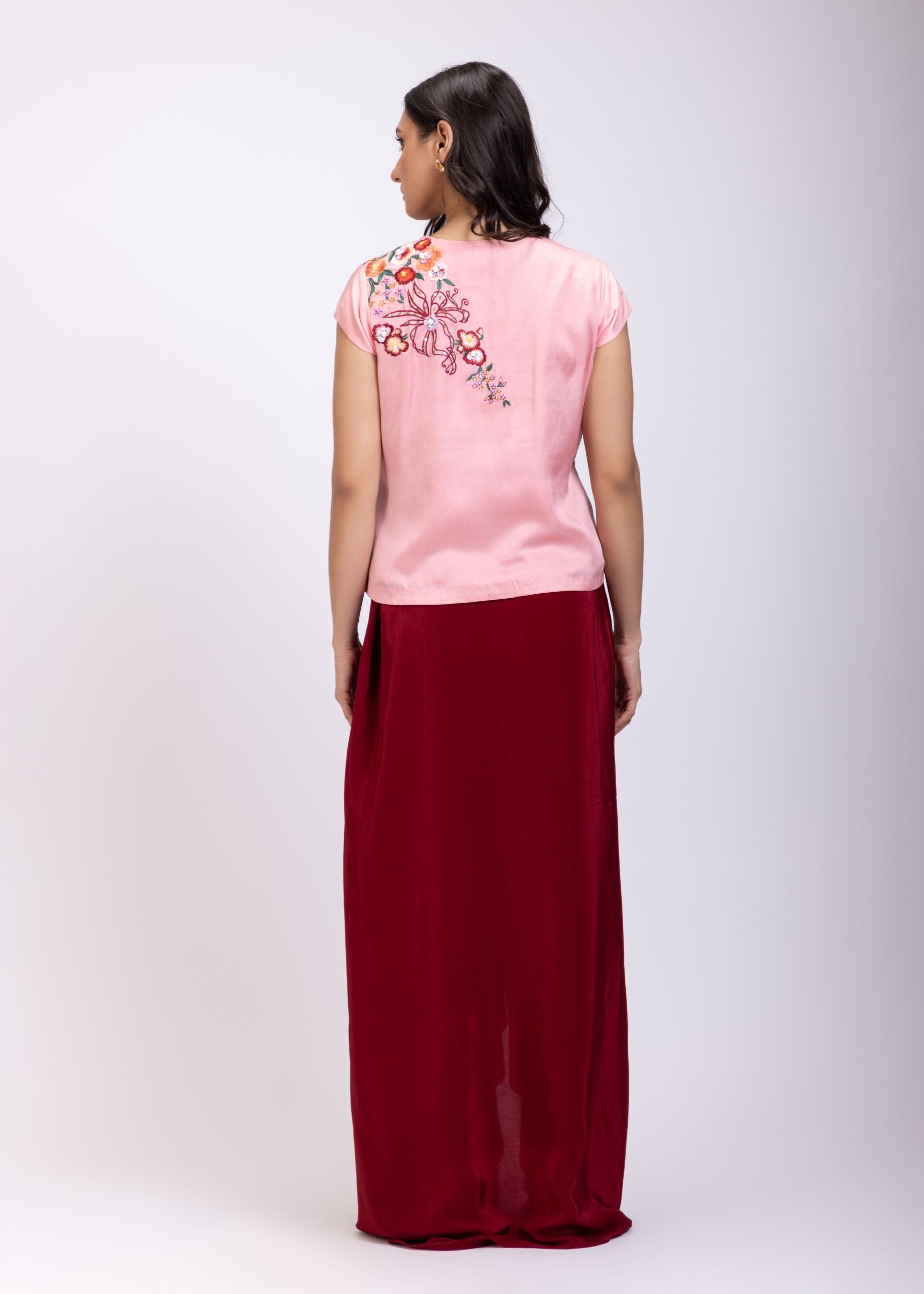 Pink and Maroon Crop Top Drape Skirt Set with Hand Embroidered Work Back