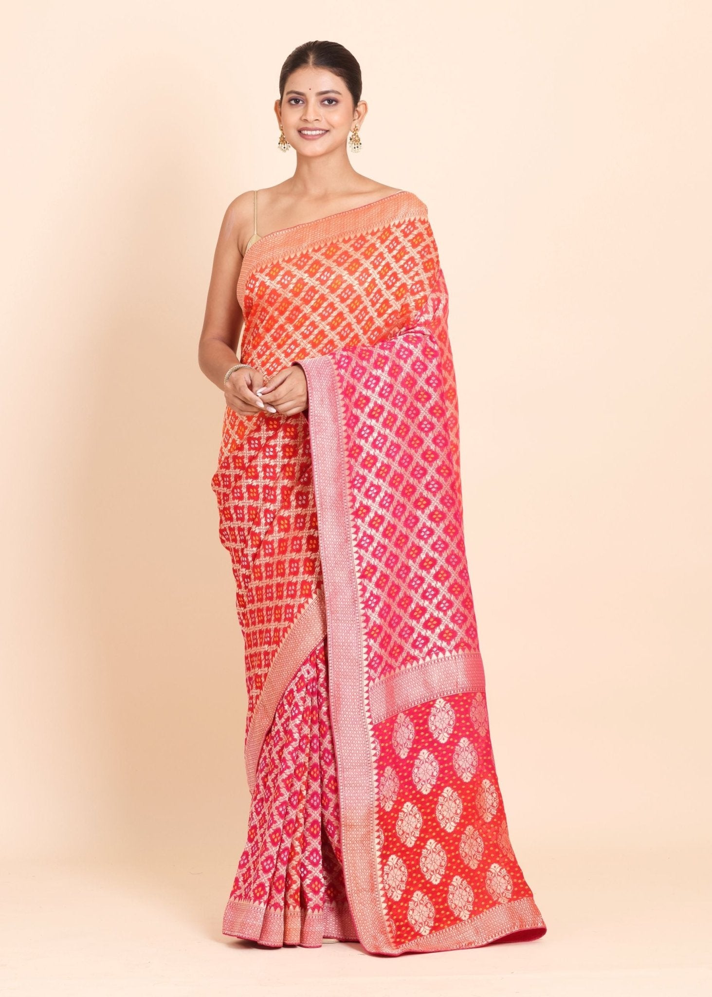 Pink and Orange Banarasi Khaddi Georgette Bandhej Saree - Anvi Couture