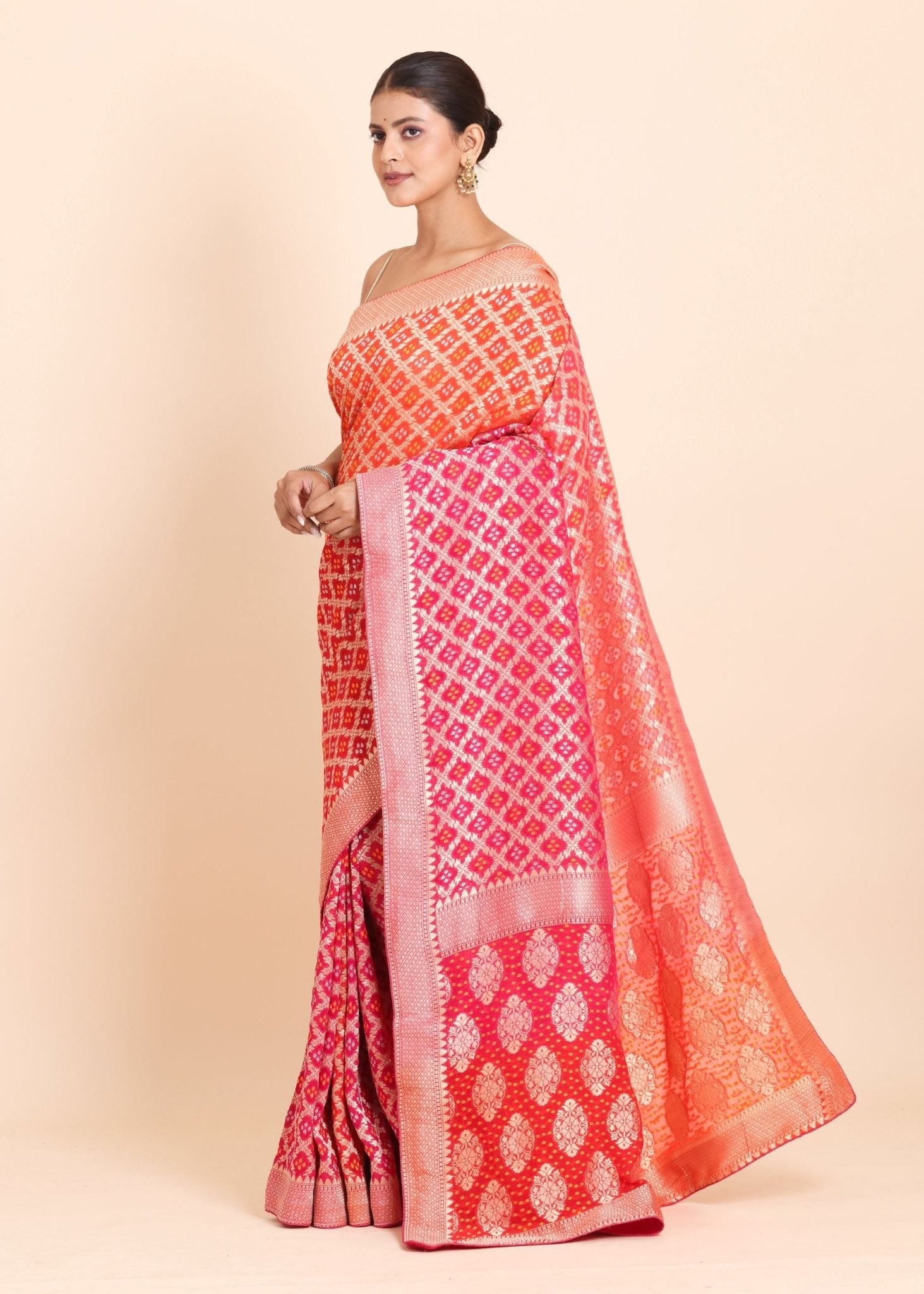 Pink and Orange Banarasi Khaddi Georgette Bandhej Saree - Anvi Couture