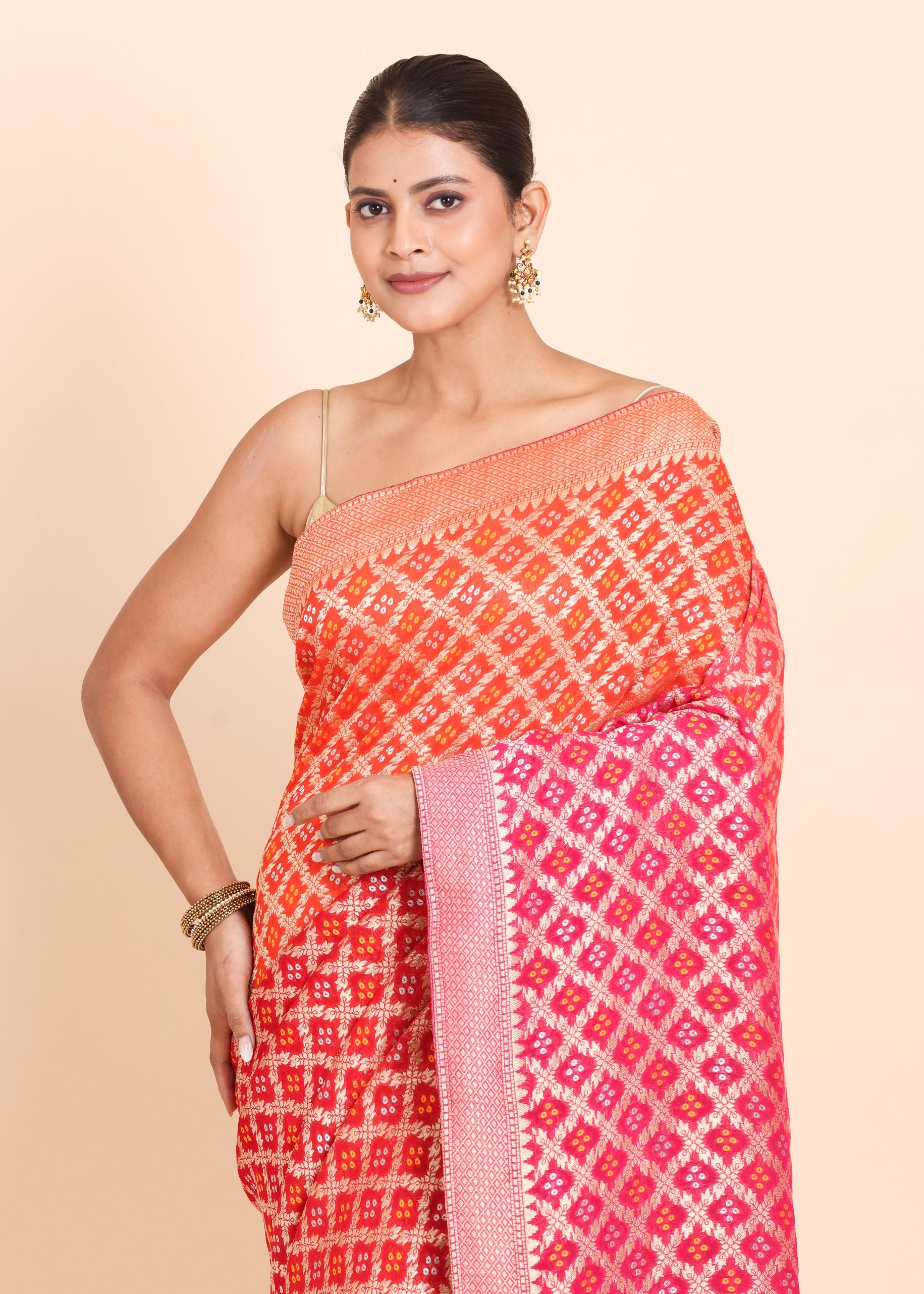 Pink and Orange Banarasi Khaddi Georgette Bandhej Saree Close up