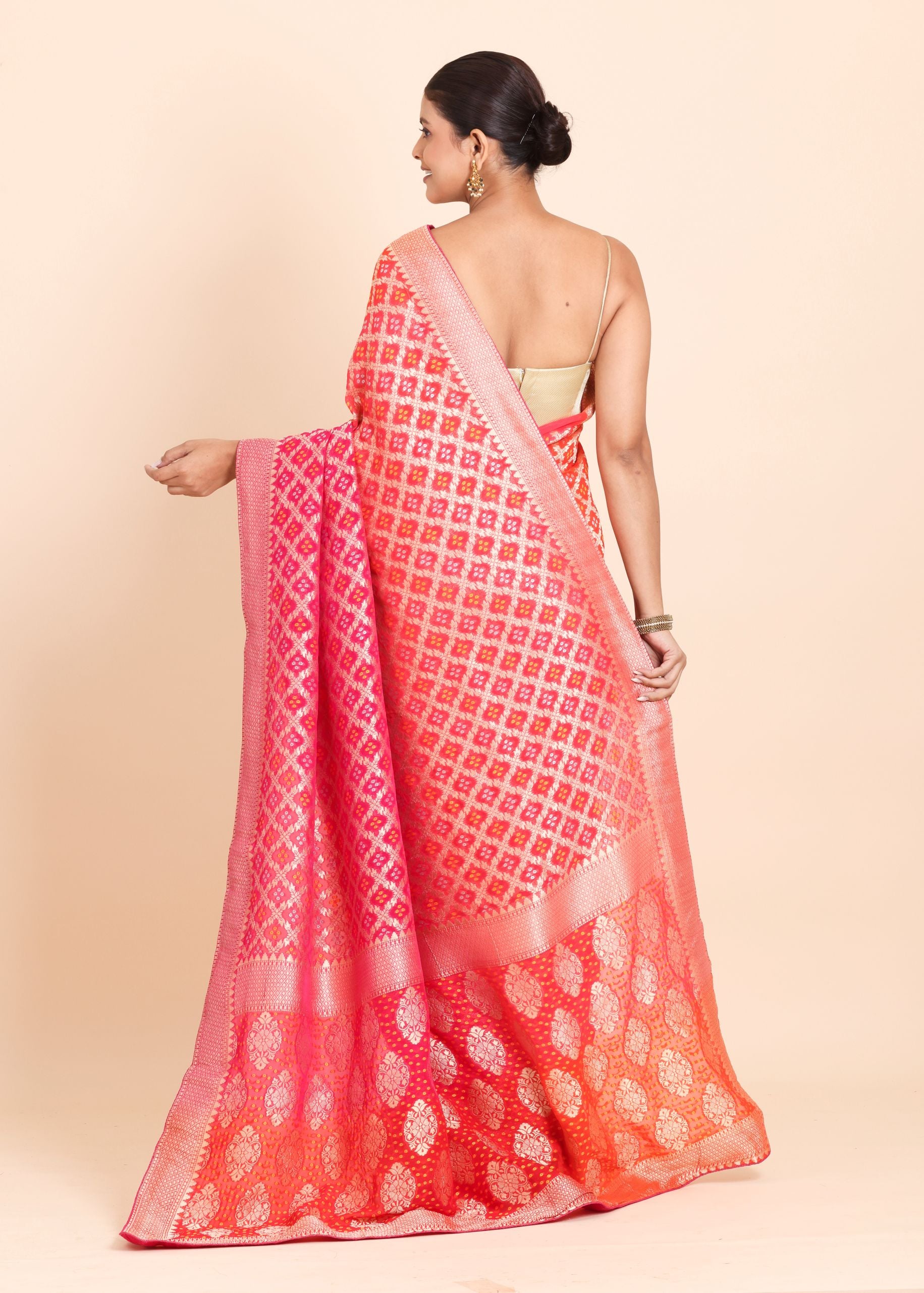 Pink and Orange Banarasi Khaddi Georgette Bandhej Saree Back