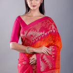 Pink and Orange Ombre Tant Jamdani Saree Floral Motif View – Anvi Couture