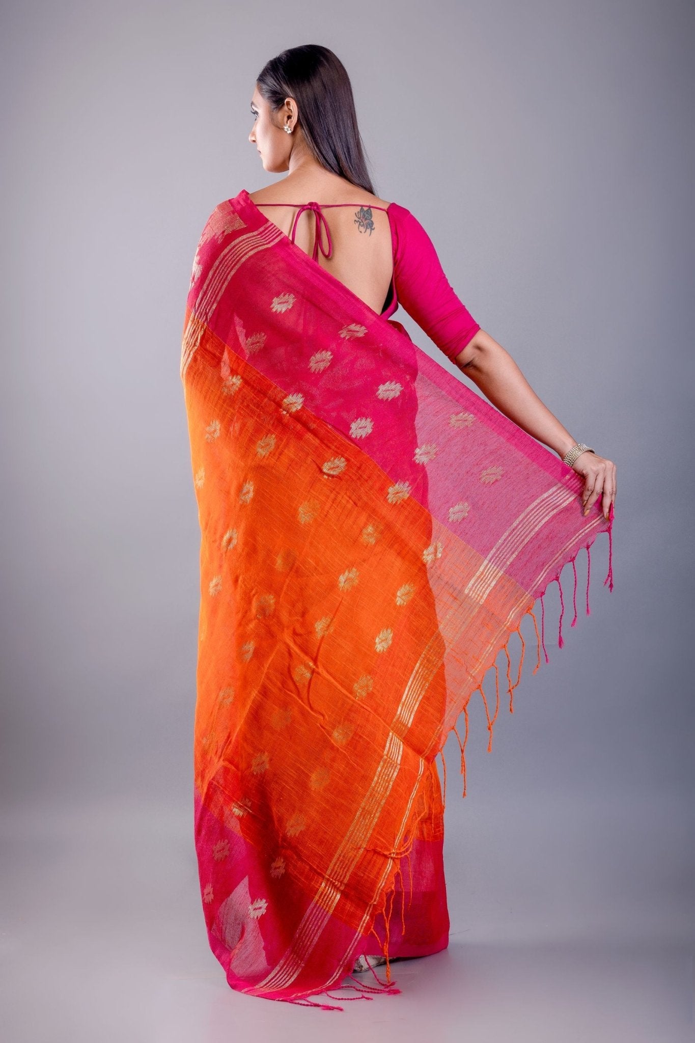 Pink and Orange Ombre Tant Jamdani with Floral Motifs