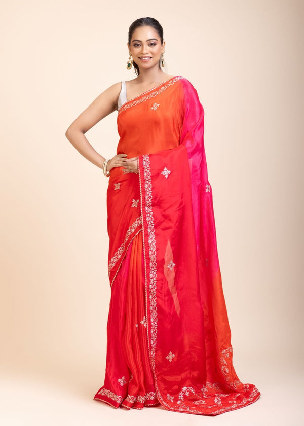 Pink and Orange Soft Silk Saree With Embroidered Work - Anvi Couture