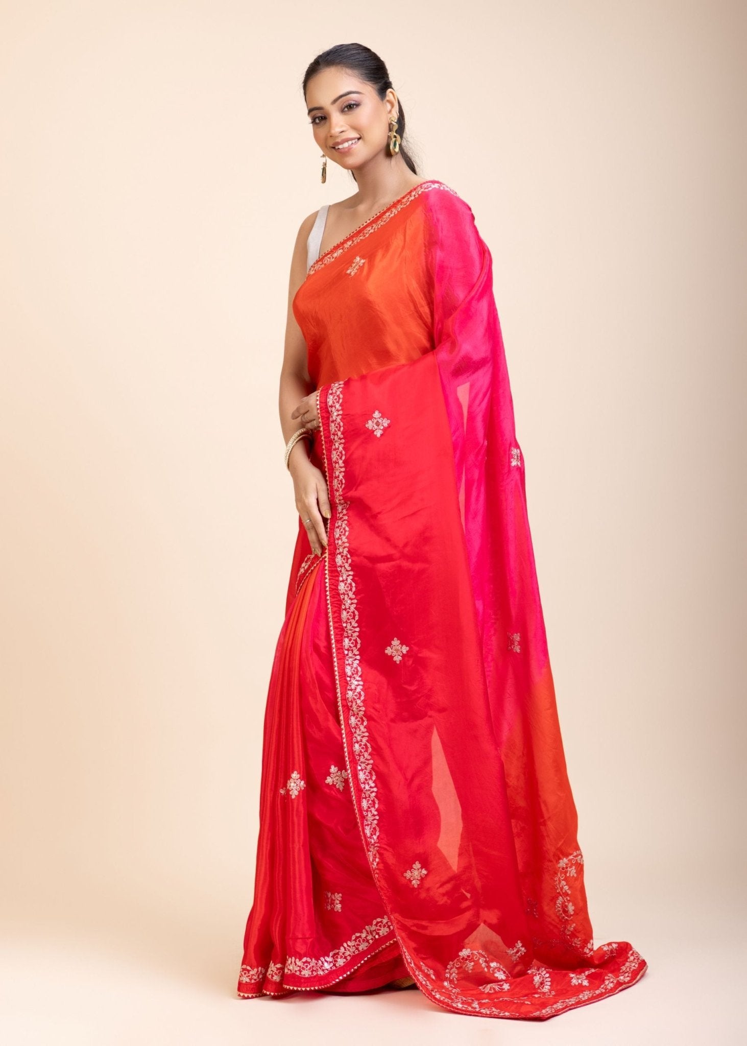 Pink and Orange Soft Silk Saree With Embroidered Work - Anvi Couture