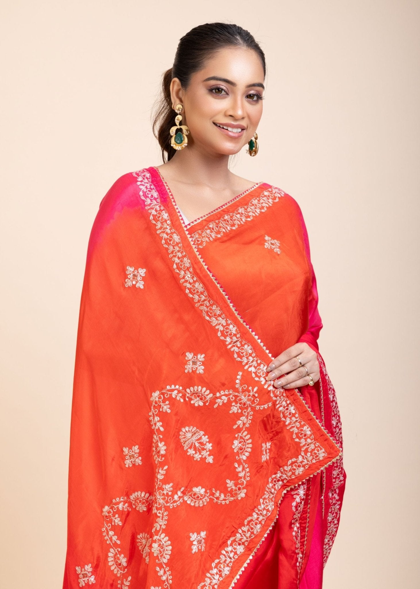 Pink and Orange Soft Silk Saree With Embroidered Work - Anvi Couture