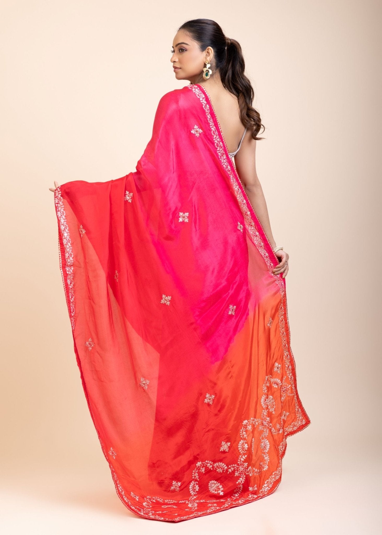 Pink and Orange Soft Silk Saree With Embroidered Work - Anvi Couture
