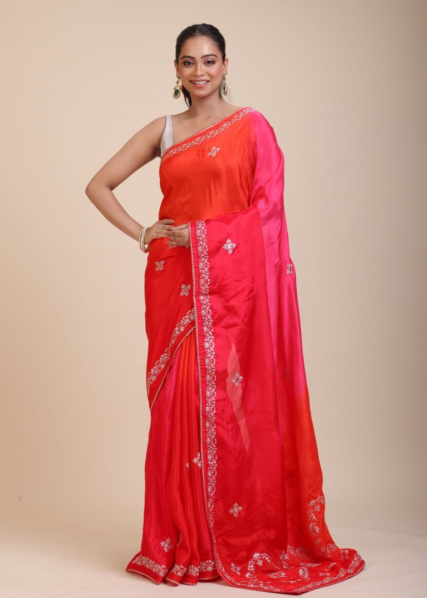 Pink and Orange Soft Silk Saree With Embroidered Work - Anvi Couture