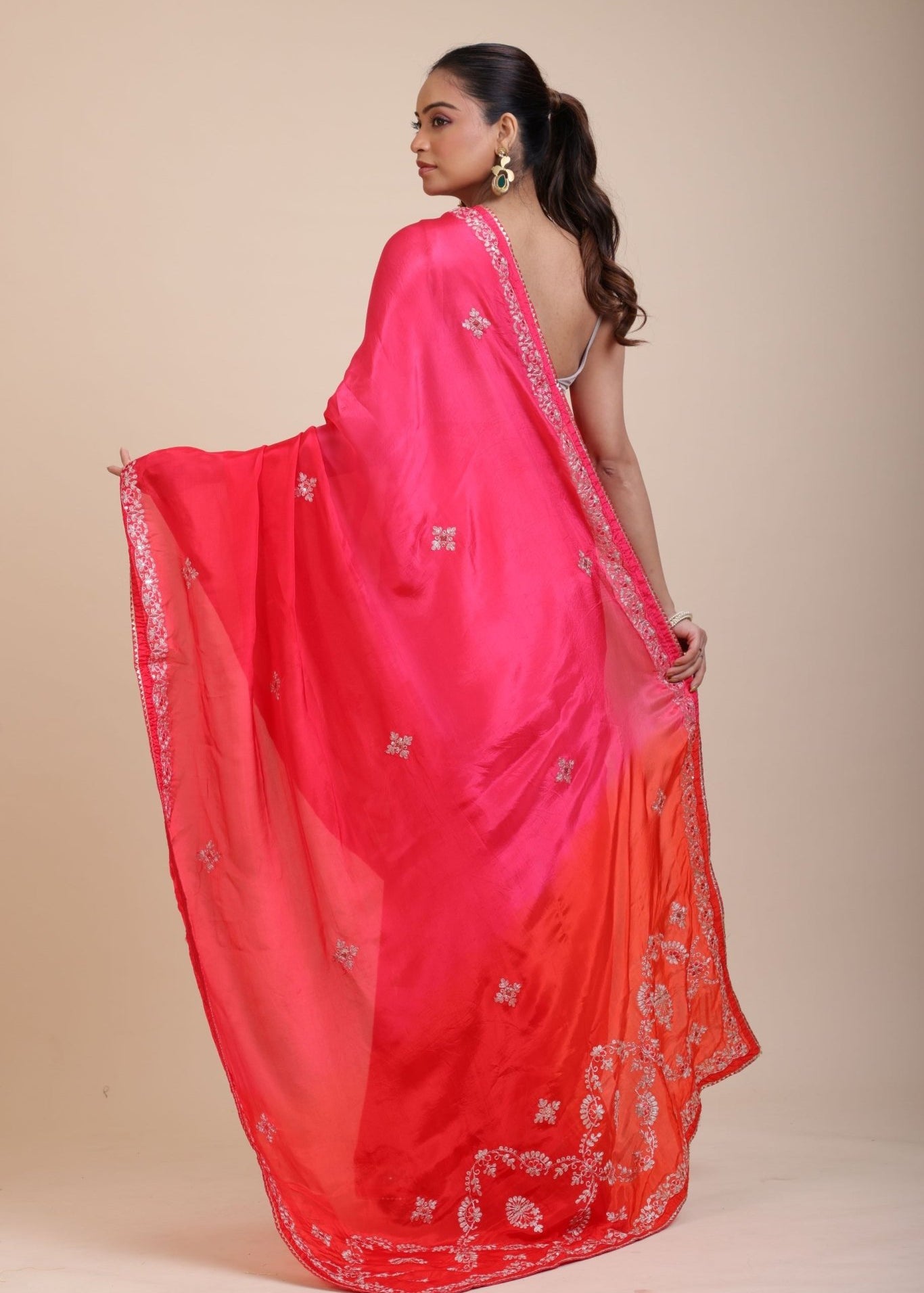 Pink and Orange Soft Silk Saree With Embroidered Work - Anvi Couture