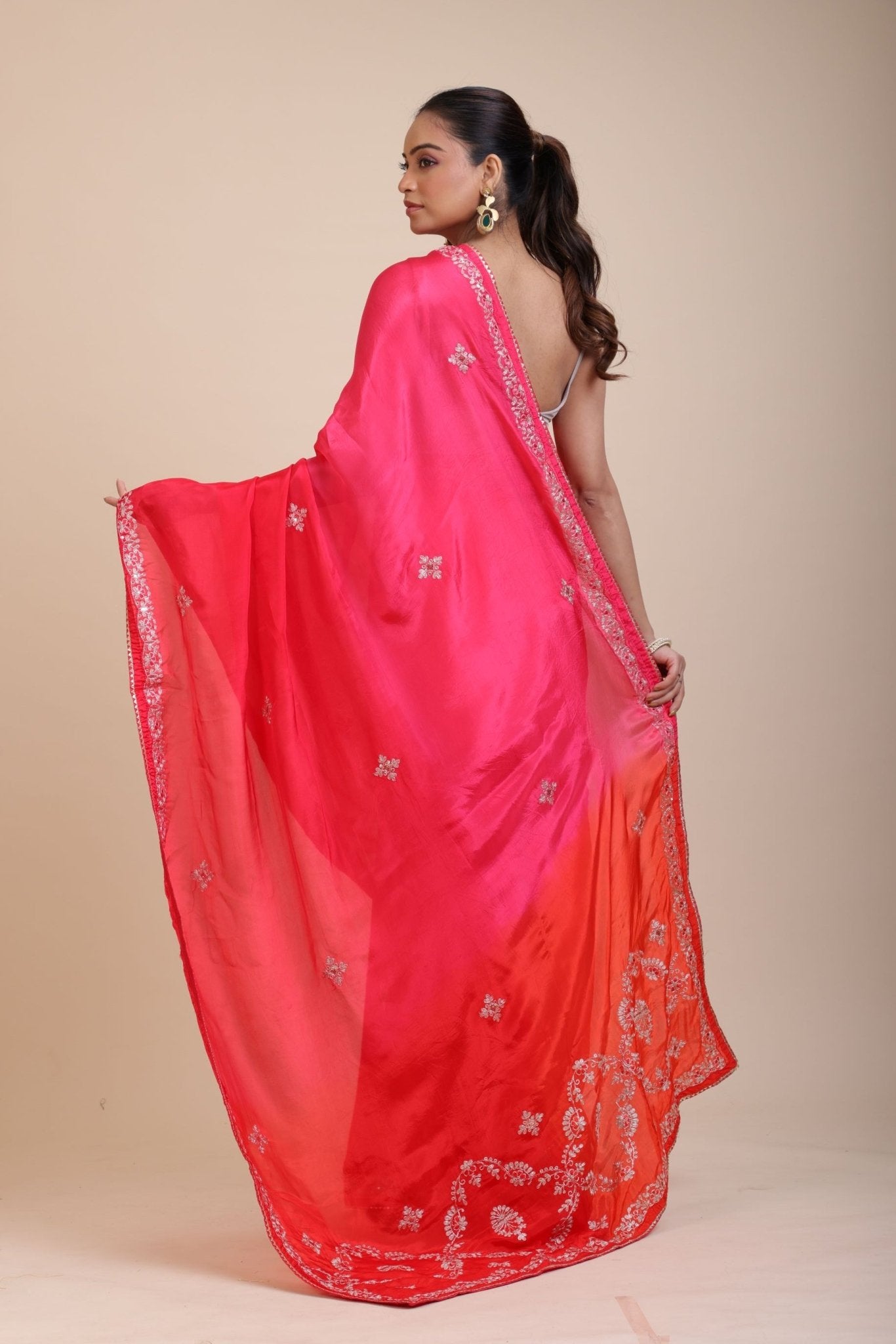 Pink and Orange Soft Silk Saree With Embroidered Work - Anvi Couture