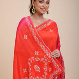  Pink and Orange Soft Silk Saree With Embroidered Work Close Up
