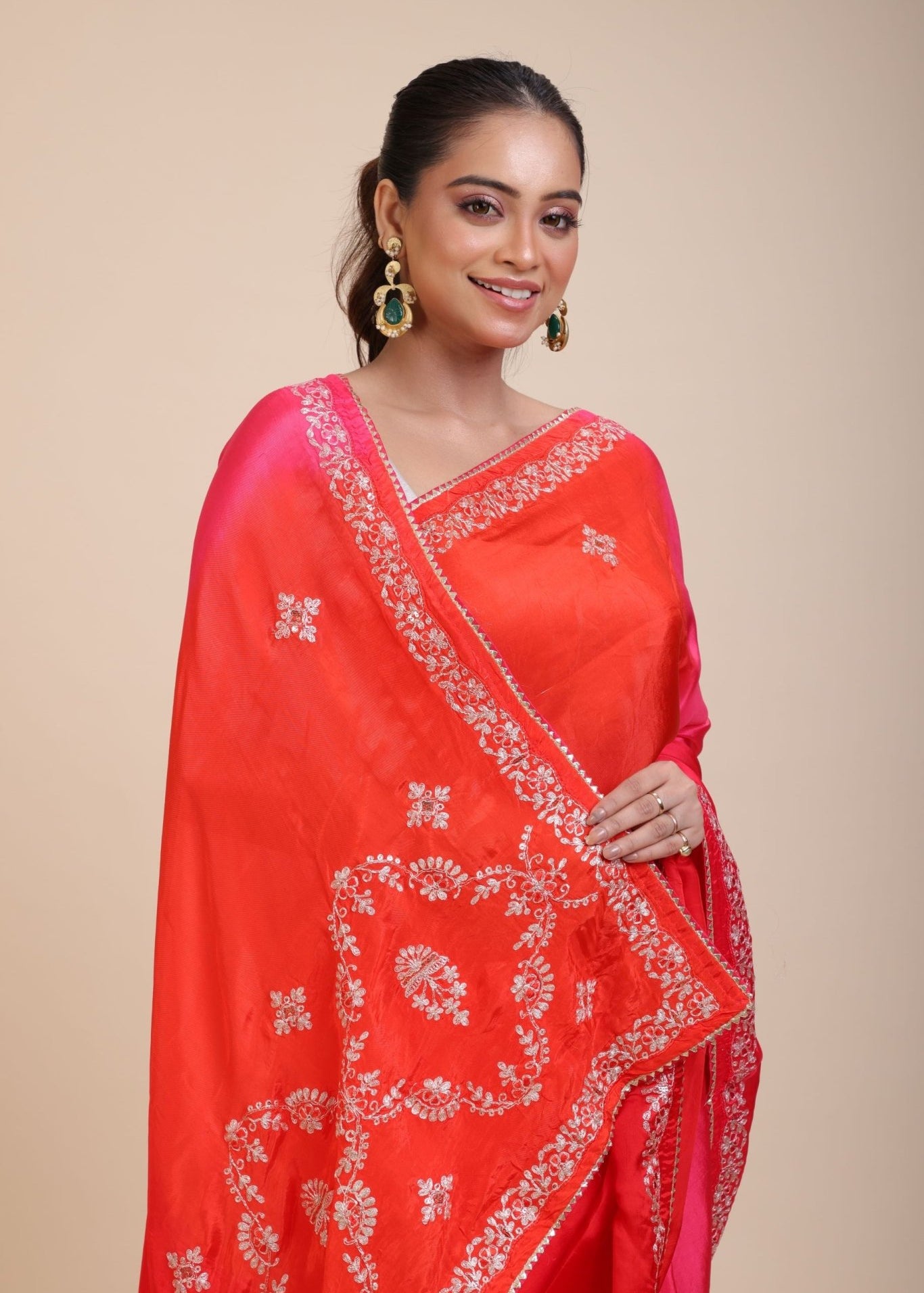 Pink and Orange Soft Silk Saree With Embroidered Work - Anvi Couture