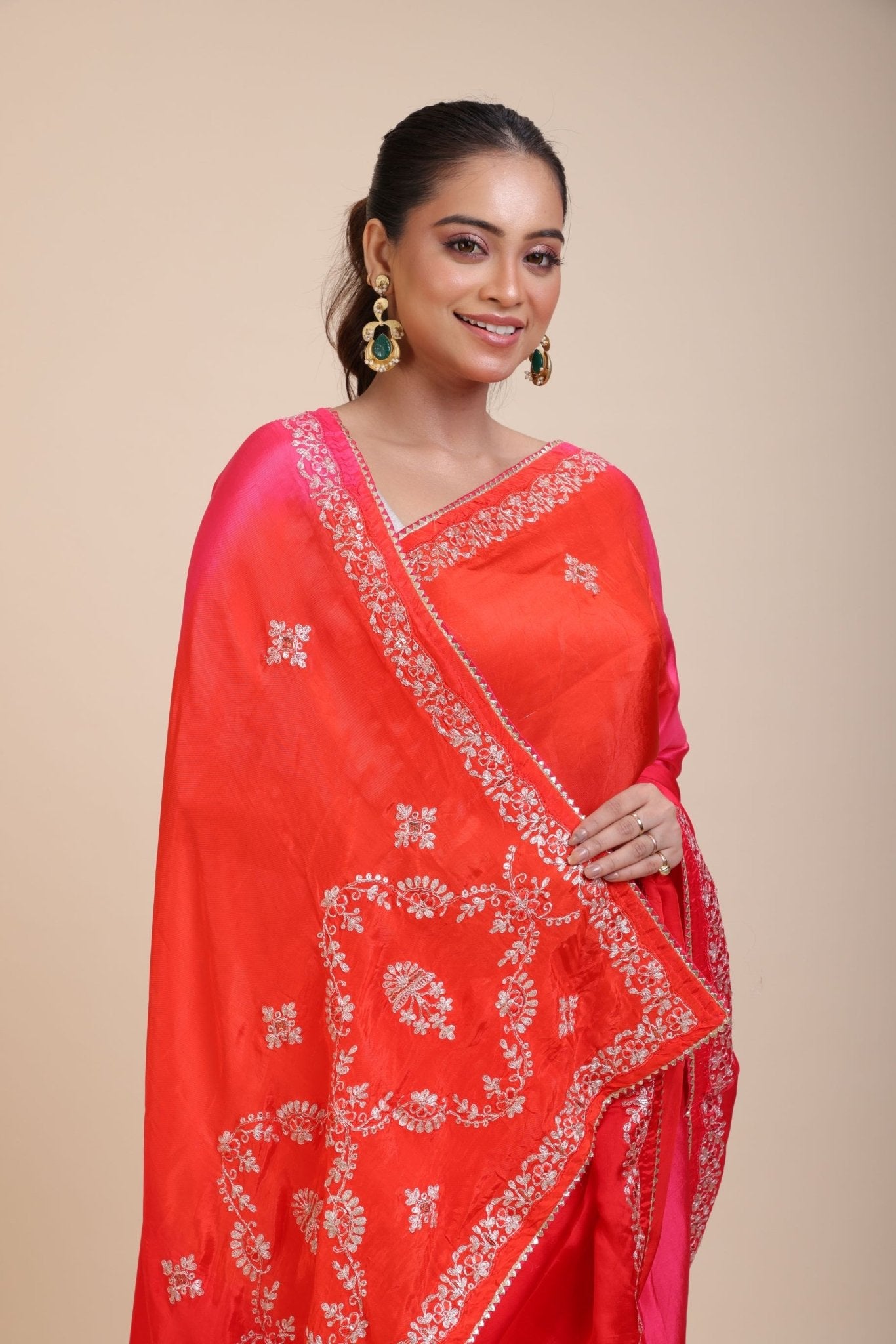 Pink and Orange Soft Silk Saree With Embroidered Work - Anvi Couture