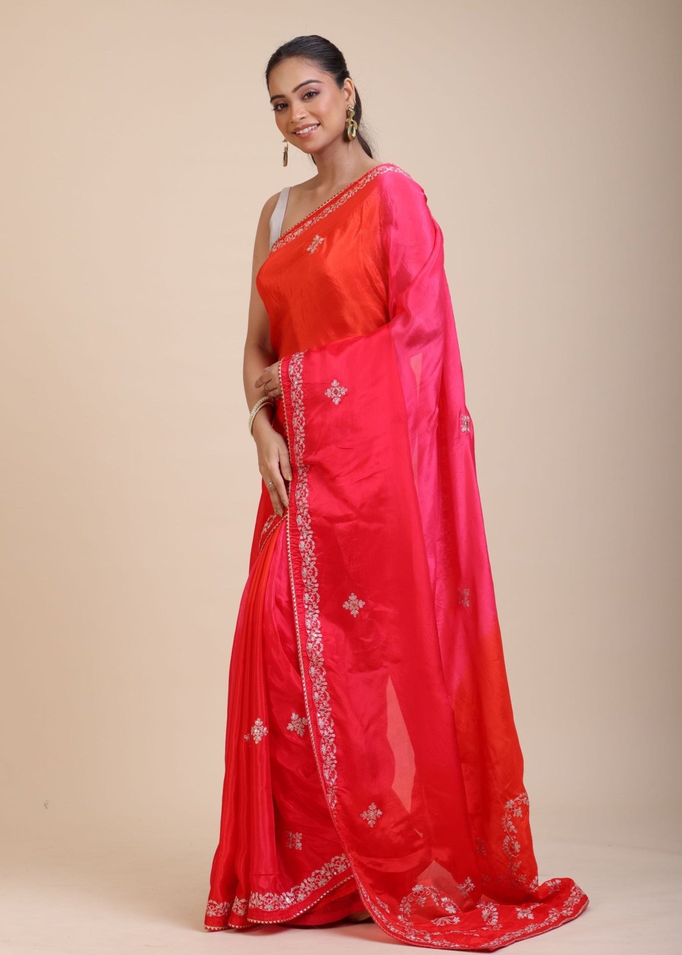 Pink and Orange Soft Silk Saree With Embroidered Work - Anvi Couture