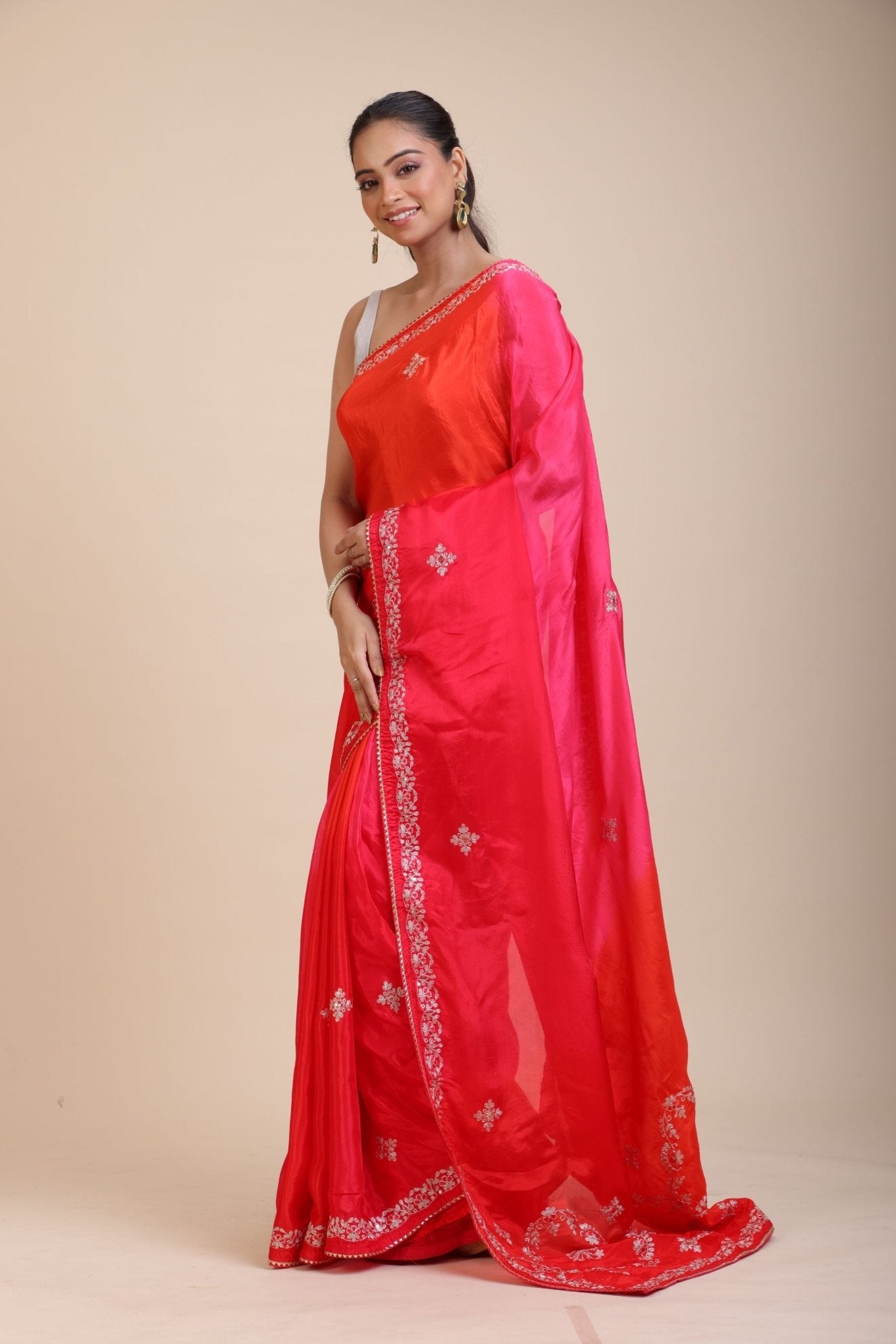 Pink and Orange Soft Silk Saree With Embroidered Work - Anvi Couture