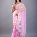 Pink and Peach Ombre Crepe Silk Saree with Floral Embroidered Work - Anvi Couture