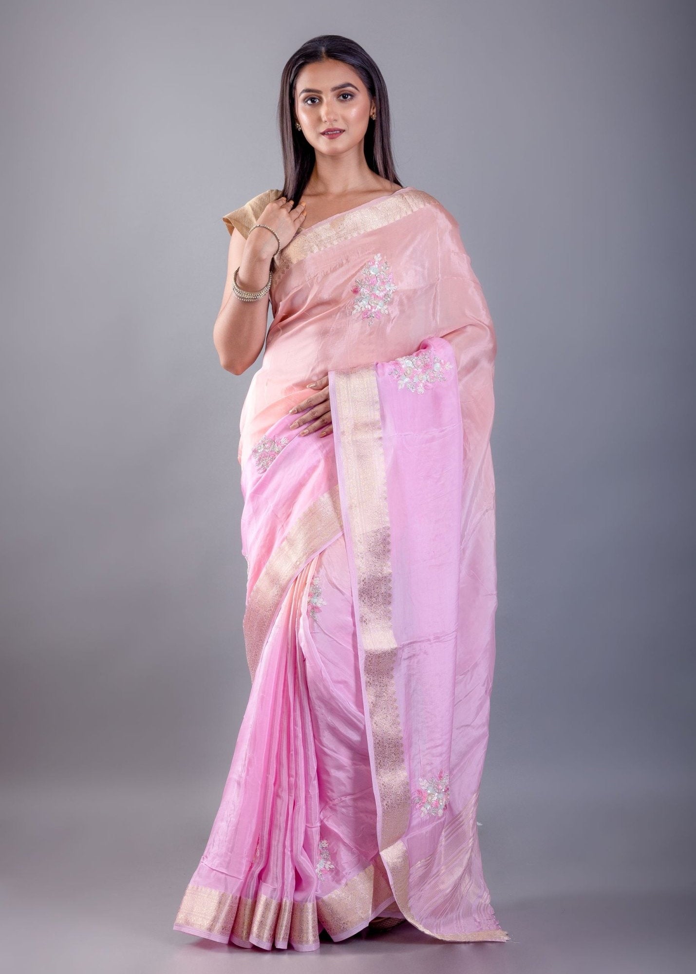 Pink and Peach Ombre Crepe Silk Saree with Floral Embroidered Work - Anvi Couture