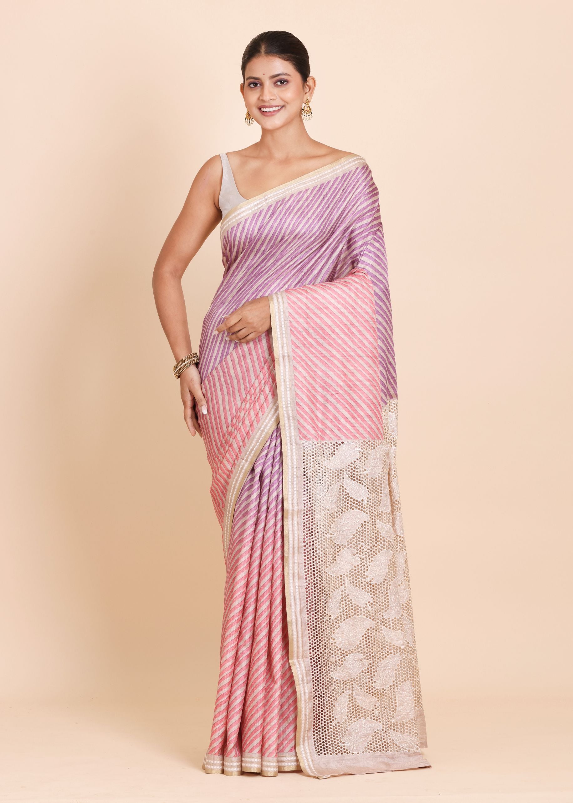 Pink and Purple Leheriya Saree with Cutwork Embroidery designer Saree Full