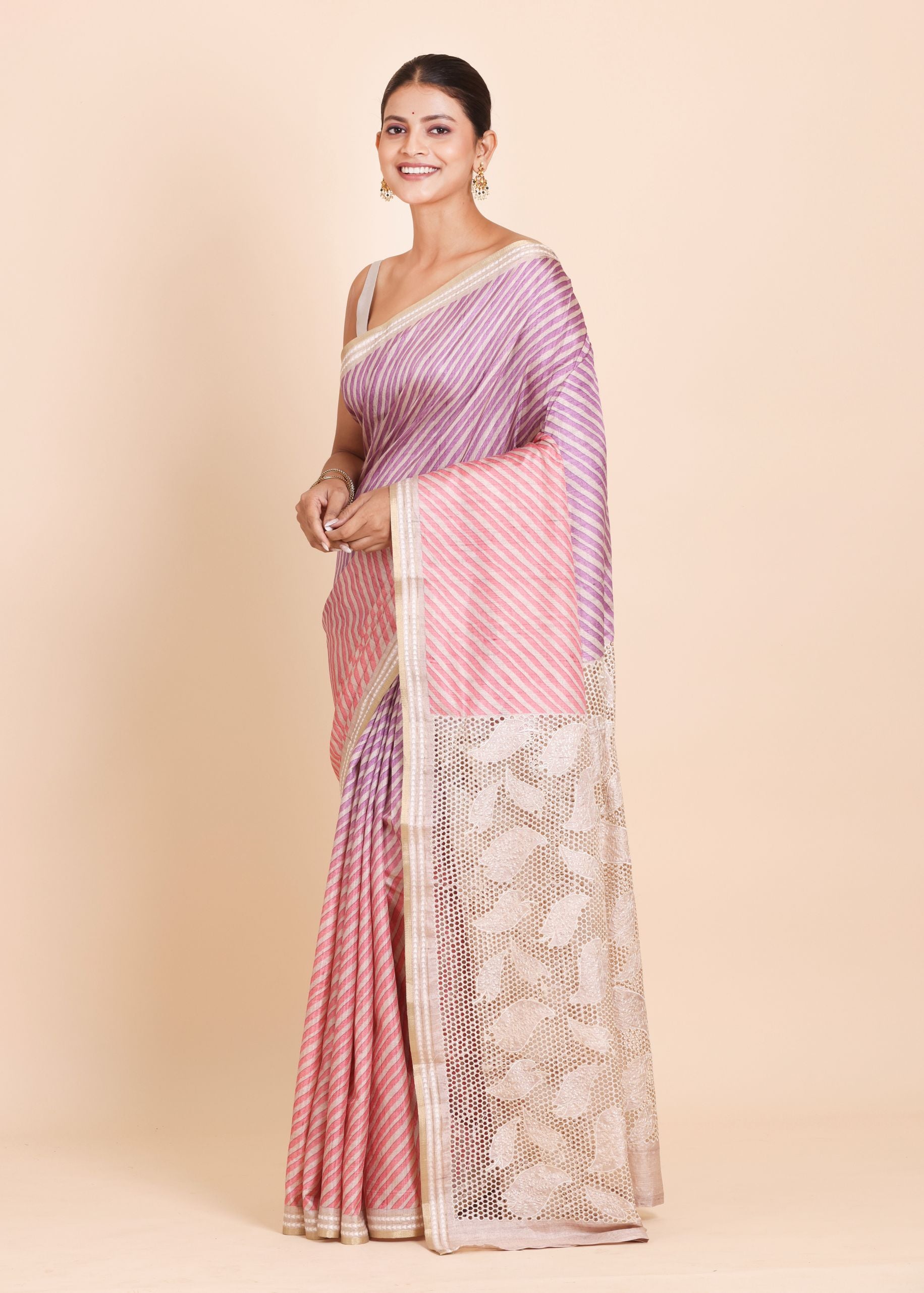 Pink and Purple Leheriya Saree with Cutwork Embroidery designer Saree Side