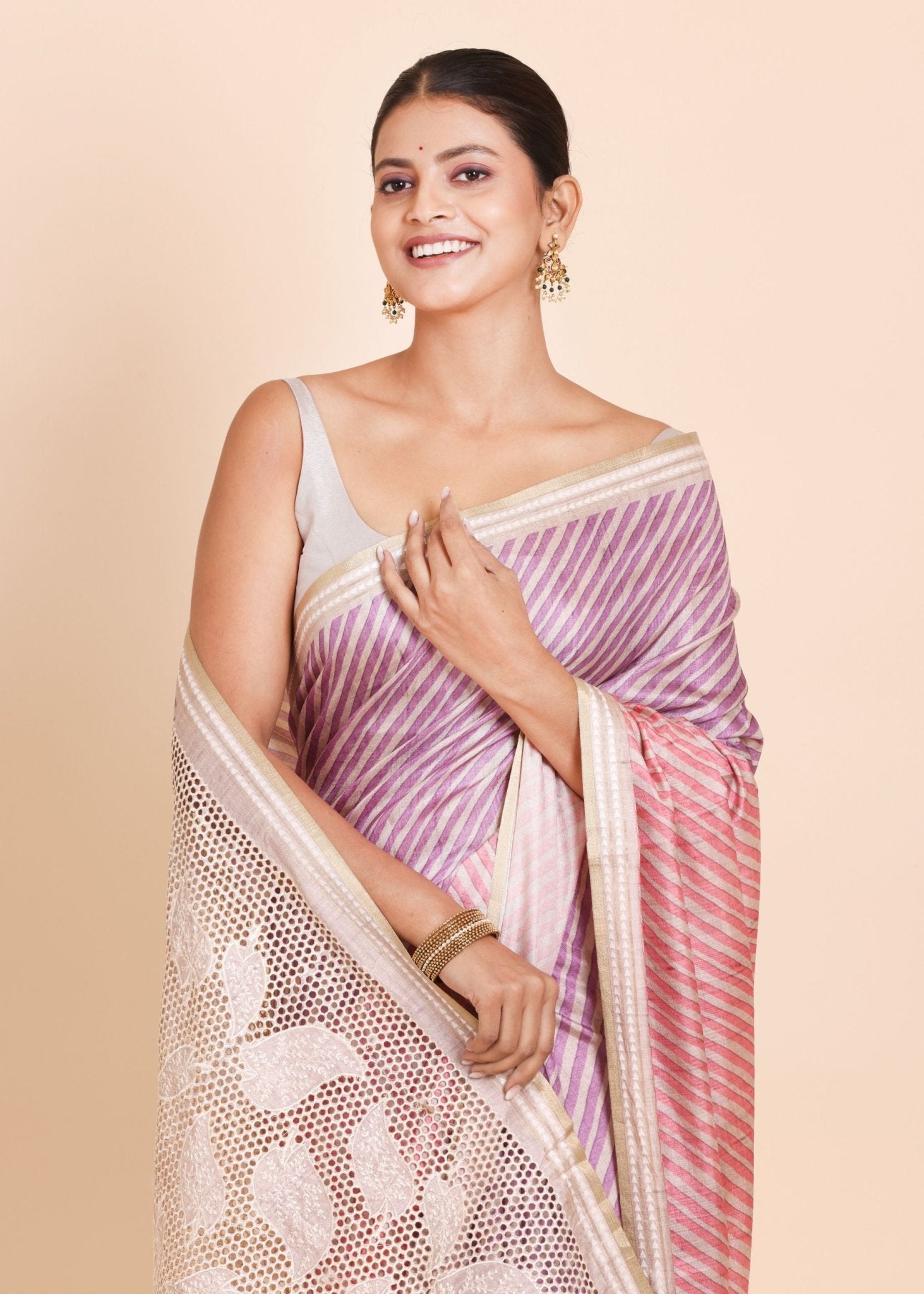 Pink and Purple Leheriya Saree with Cutwork Embroidery designer Saree - Anvi Couture