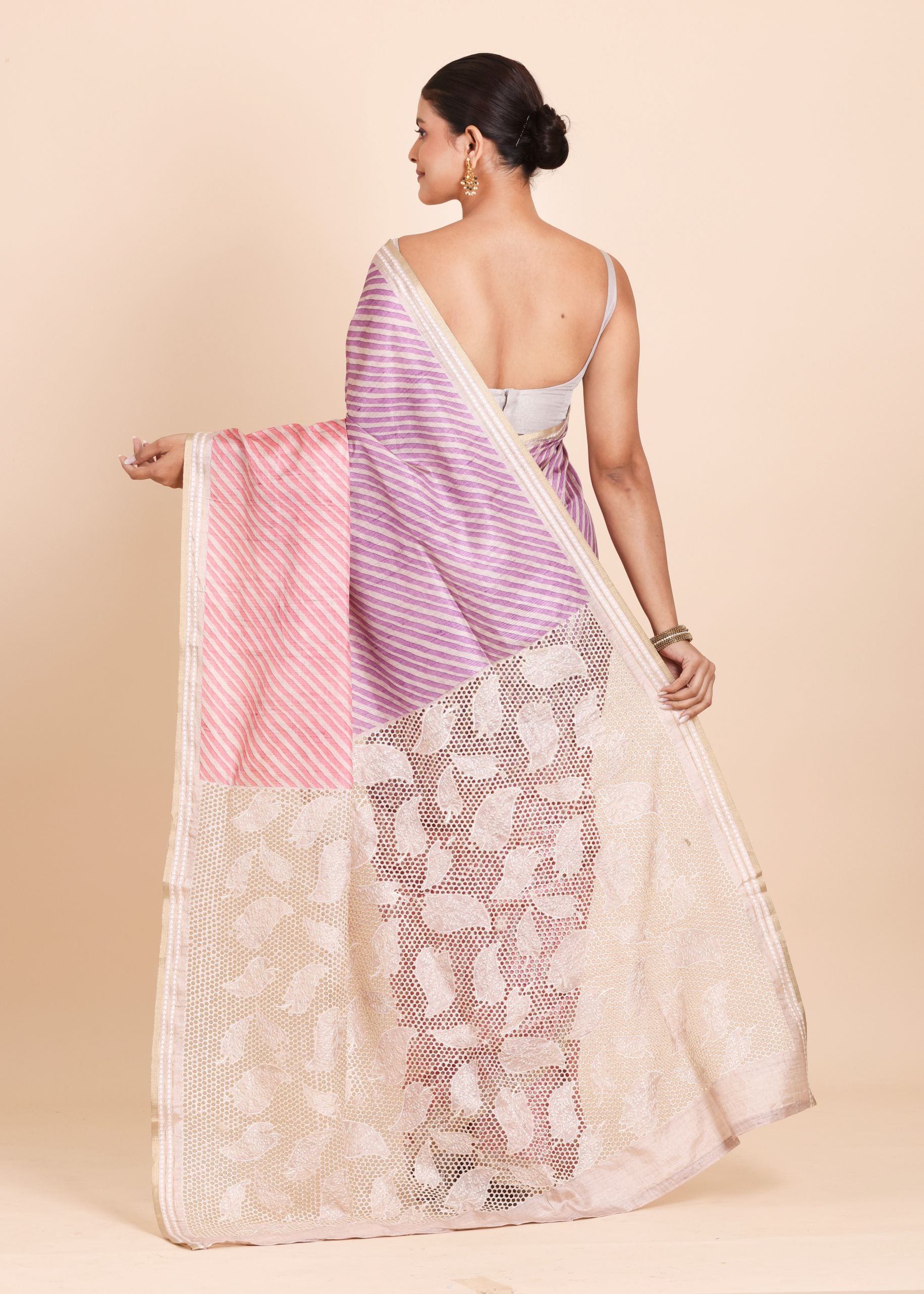 Pink and Purple Leheriya Saree with Cutwork Embroidery designer Saree Back