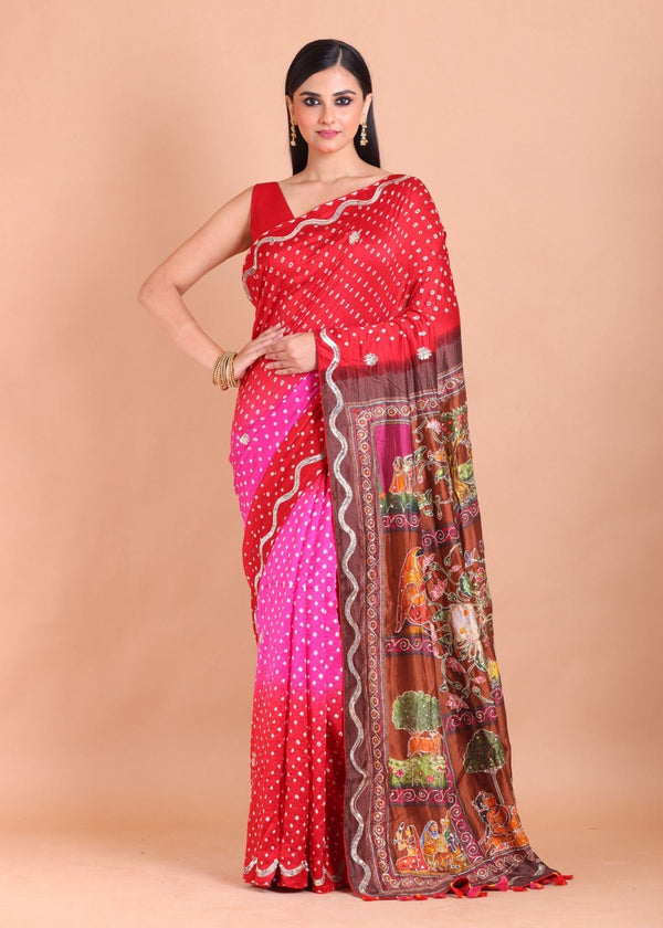 Pink and Red Hand Embroidered Bandhani Saree - Anvi Couture