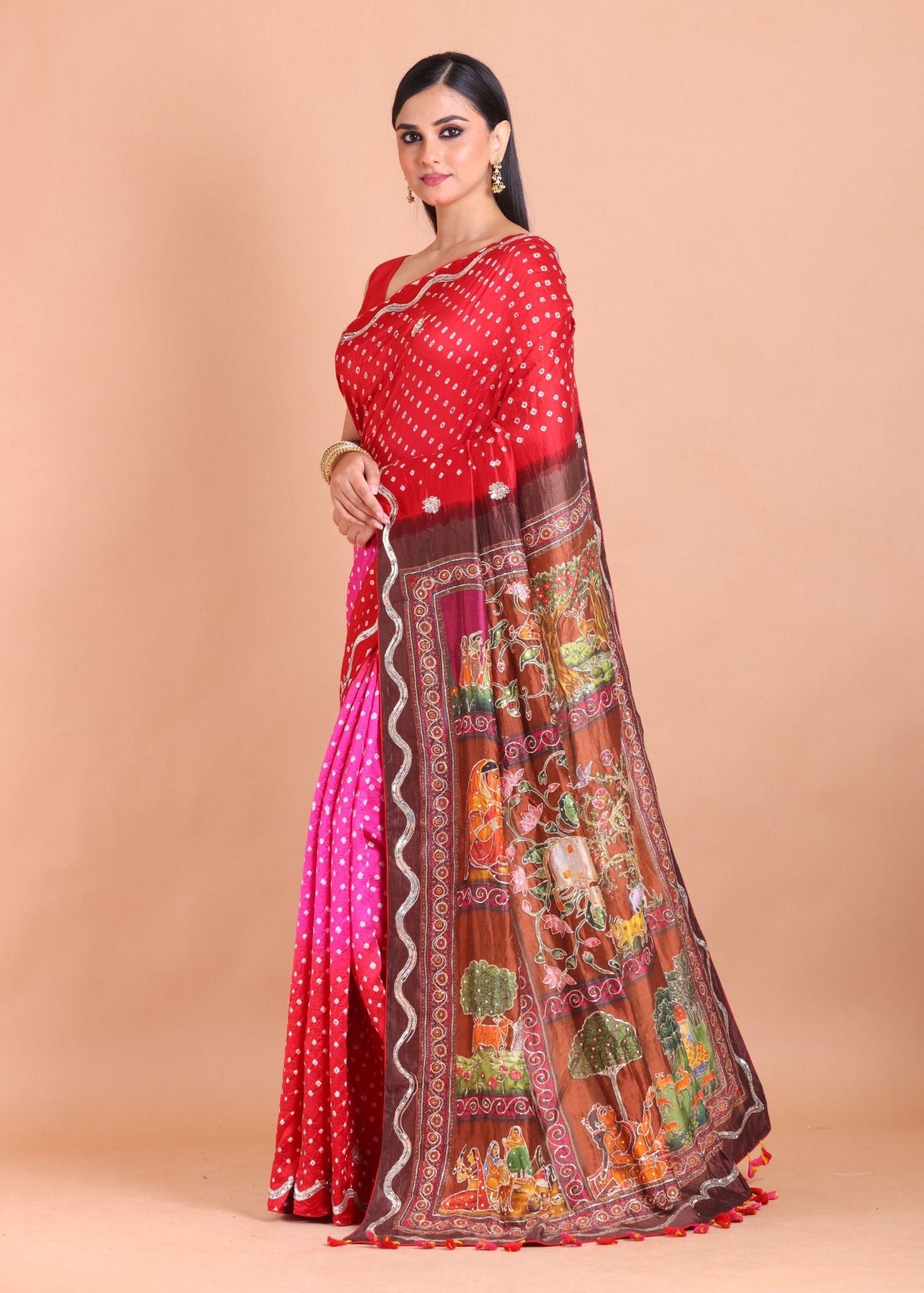Pink and Red Hand Embroidered Bandhani Saree - Anvi Couture