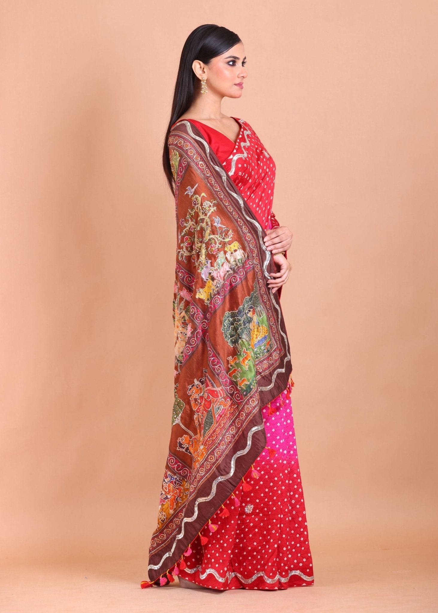 Pink and Red Hand Embroidered Bandhani Saree - Anvi Couture