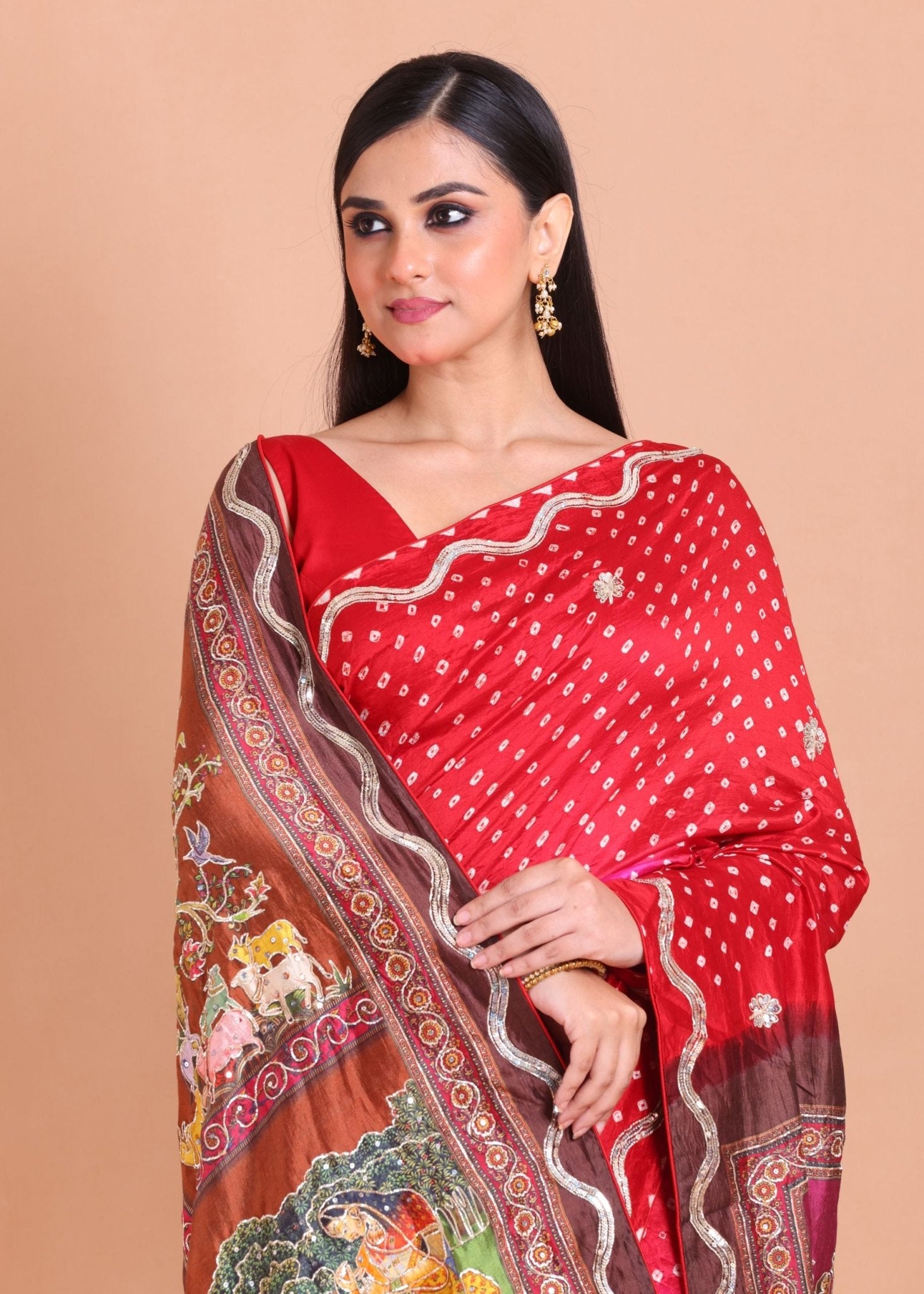 Pink and Red Hand Embroidered Bandhani Saree - Anvi Couture
