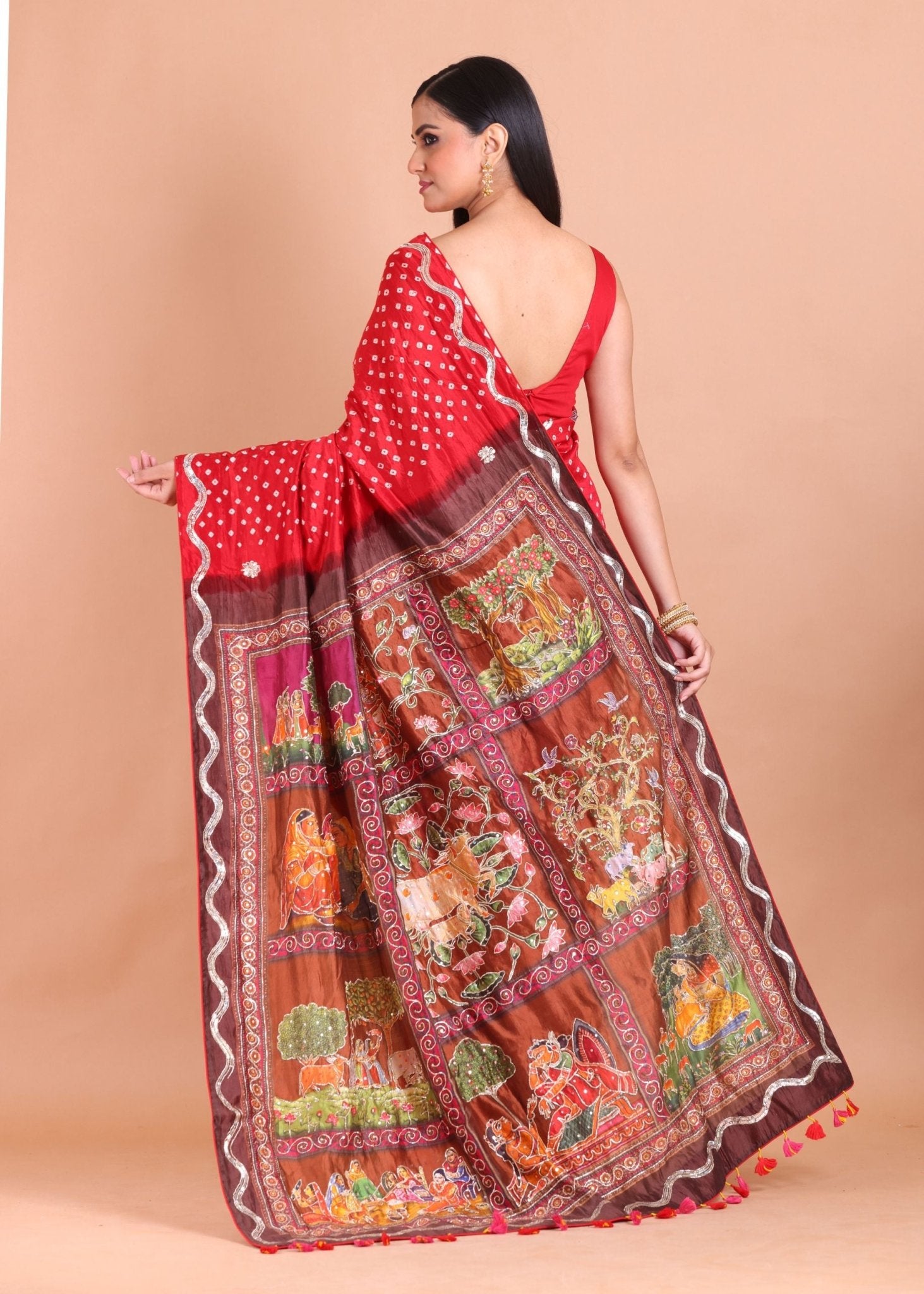 Pink and Red Hand Embroidered Bandhani Saree - Anvi Couture