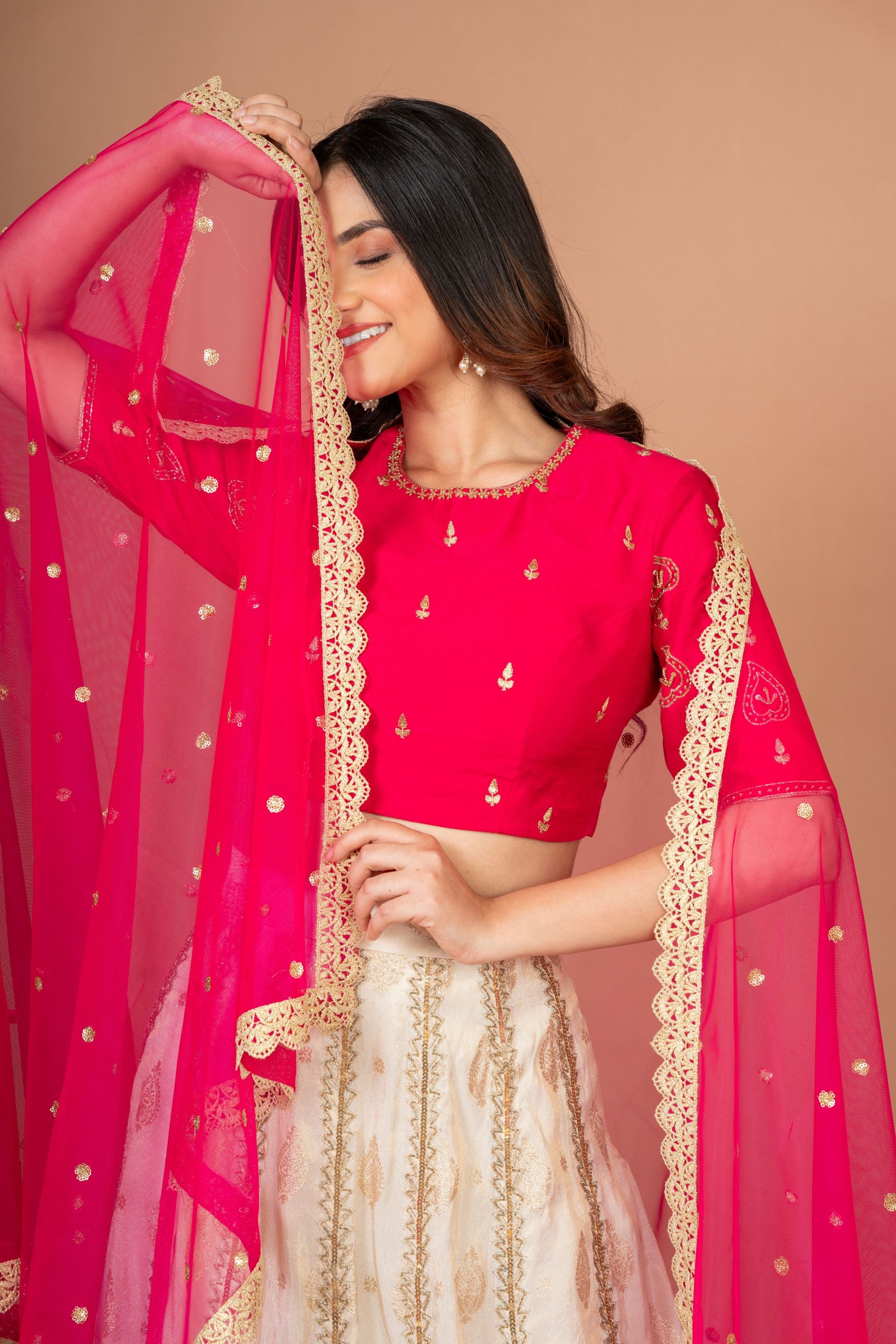 Pink and White Designer Lehenga With Hand Embroidered Work Close Up