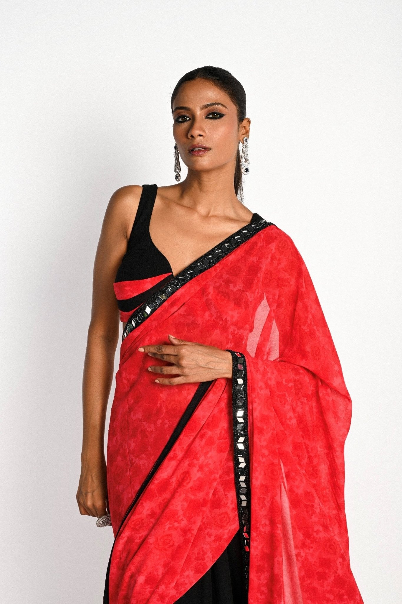 Pink and black printed georgette saree — front view with plunging neck pleated designer blouse - Front 5