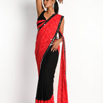 Pink and black printed georgette saree — front view with plunging neck pleated designer blouse - Front 3