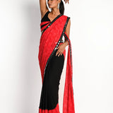 Pink and black printed georgette saree — front view with plunging neck pleated designer blouse - Front 3