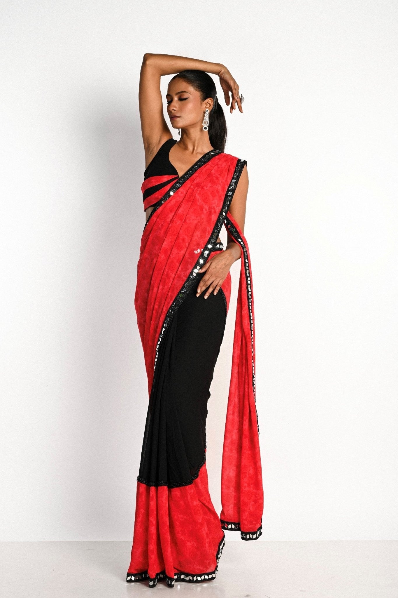Pink and black printed georgette saree — front view with plunging neck pleated designer blouse - Front 3