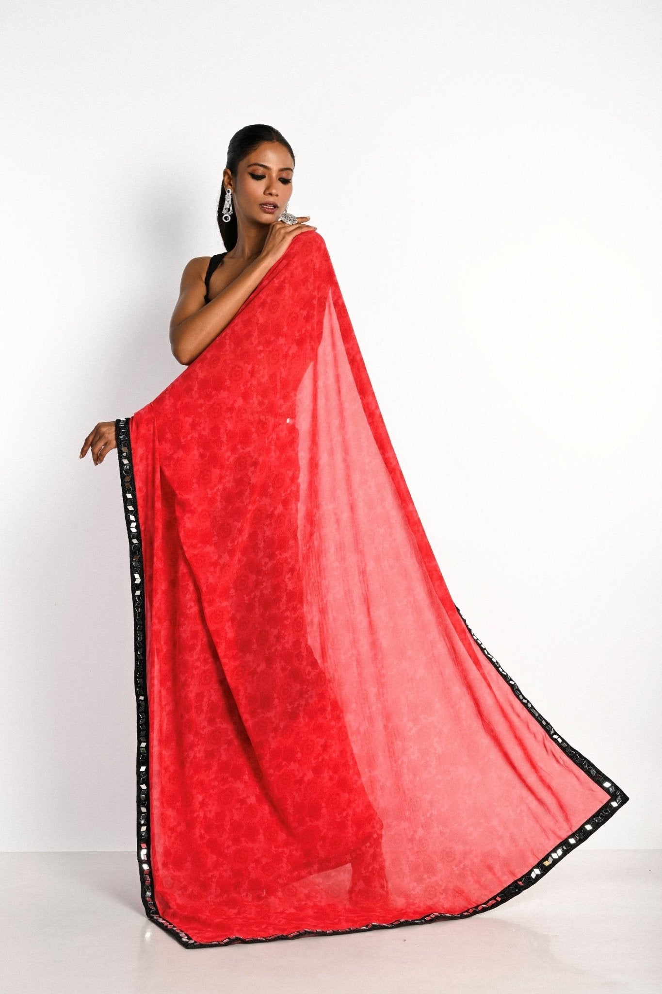 Pink and black printed georgette saree — front view with plunging neck pleated designer blouse - Front 2