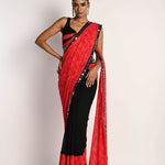 Pink and black printed georgette saree — front view with plunging neck pleated designer blouse - Front 1