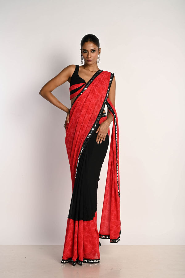 Pink and black printed georgette saree — front view with plunging neck pleated designer blouse - Front 1