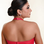 Pink cotton silk halter neck blouse with deep plunging neckline — back view