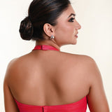 Pink cotton silk halter neck blouse with deep plunging neckline — back view