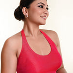 Pink halter neck saree blouse design — worn with saree, full outfit look
