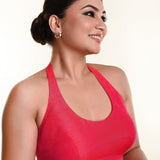 Pink halter neck saree blouse design — worn with saree, full outfit look