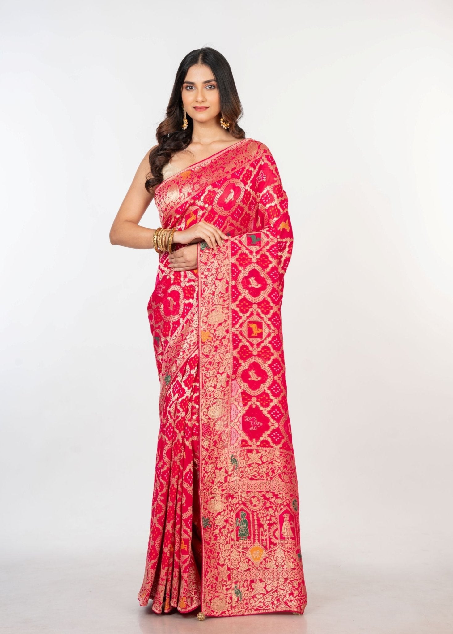 Pink khaddi Georgette Bandhani Saree With Gold Zari Woven - Anvi Couture